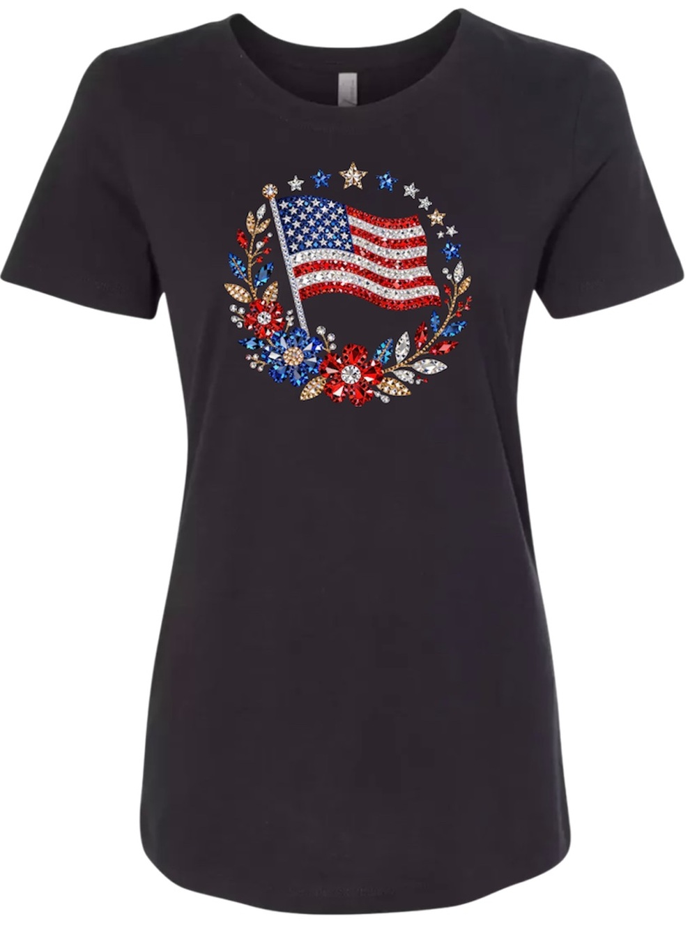 Rhinestone American Flag Women’s T-Shirt Patriotic Glitter USA Graphic Tee